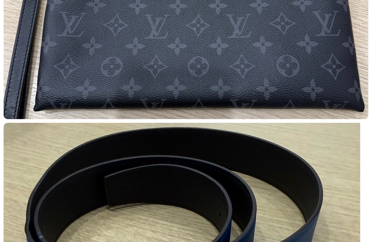 今回お持ち込みいただいたのは、 **Louis Vuittonのクラッチバッグ（モノグラム・エクリプス）**と、 HERMESのレザーベルトです。
